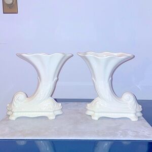 Cornucopia Planters Bookends Vintage Ceramic Pottery Pristine Matching Pair of 2